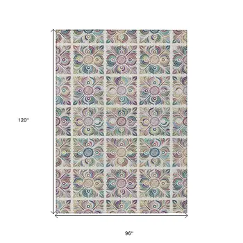 8' X 10' Ivory Purple And Teal Blue Medallion Washable Indoor Outdoor Area Rug