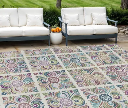 8' X 10' Ivory Purple And Teal Blue Medallion Washable Indoor Outdoor Area Rug