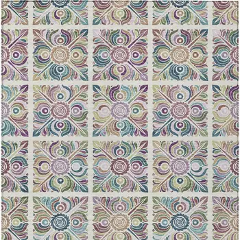 8' X 10' Ivory Purple And Teal Blue Medallion Washable Indoor Outdoor Area Rug
