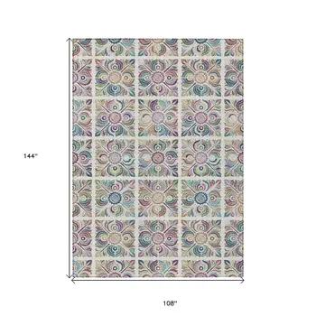 9' X 12' Ivory Purple And Teal Blue Medallion Washable Indoor Outdoor Area Rug