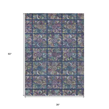 3' X 5' Navy Blue Purple And Teal Blue Medallion Washable Indoor Outdoor Area Rug