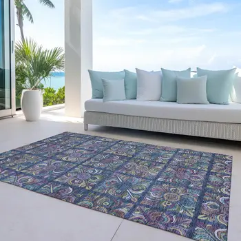 3' X 5' Navy Blue Purple And Teal Blue Medallion Washable Indoor Outdoor Area Rug