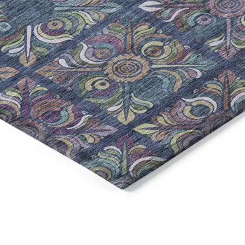 3' X 5' Navy Blue Purple And Teal Blue Medallion Washable Indoor Outdoor Area Rug