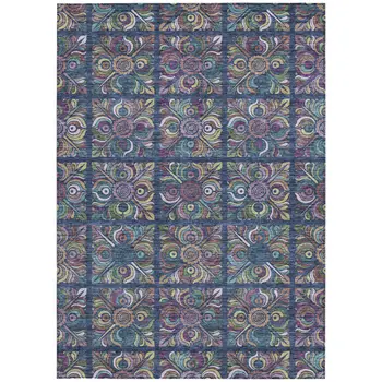 5' X 8' Navy Blue Purple And Teal Blue Medallion Washable Indoor Outdoor Area Rug