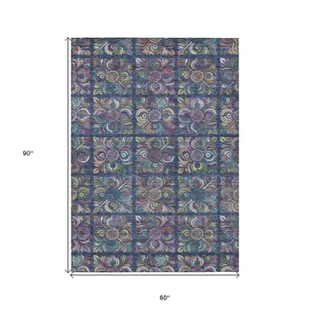 5' X 8' Navy Blue Purple And Teal Blue Medallion Washable Indoor Outdoor Area Rug