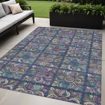 5' X 8' Navy Blue Purple And Teal Blue Medallion Washable Indoor Outdoor Area Rug