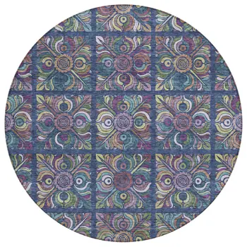 8' Navy Blue Purple And Teal Blue Round Medallion Washable Indoor Outdoor Area Rug