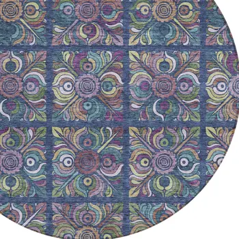 8' Navy Blue Purple And Teal Blue Round Medallion Washable Indoor Outdoor Area Rug