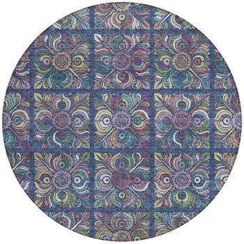 8' Navy Blue Purple And Teal Blue Round Medallion Washable Indoor Outdoor Area Rug