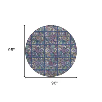 8' Navy Blue Purple And Teal Blue Round Medallion Washable Indoor Outdoor Area Rug