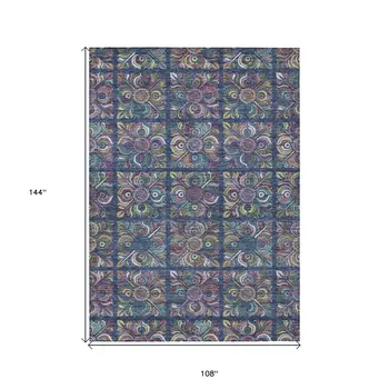 9' X 12' Navy Blue Purple And Teal Blue Medallion Washable Indoor Outdoor Area Rug