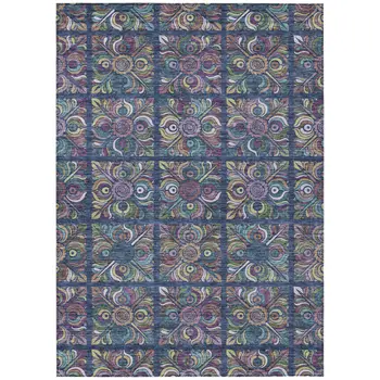 9' X 12' Navy Blue Purple And Teal Blue Medallion Washable Indoor Outdoor Area Rug
