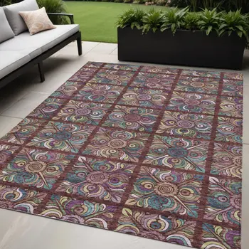 5' X 8' Orange Purple And Teal Blue Medallion Washable Indoor Outdoor Area Rug
