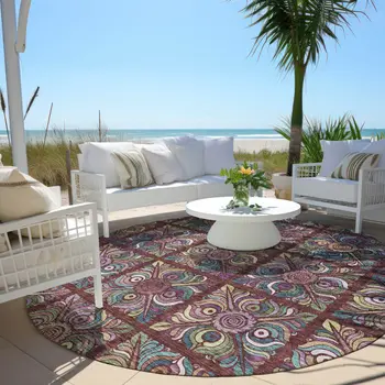 8' Orange Purple And Teal Blue Round Medallion Washable Indoor Outdoor Area Rug