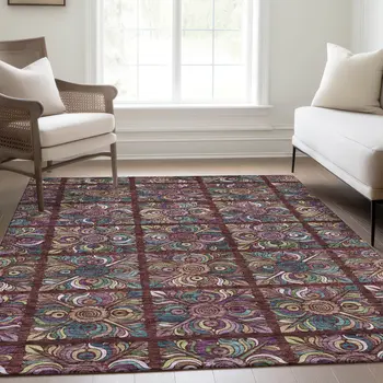 9' X 12' Orange Purple And Teal Blue Medallion Washable Indoor Outdoor Area Rug