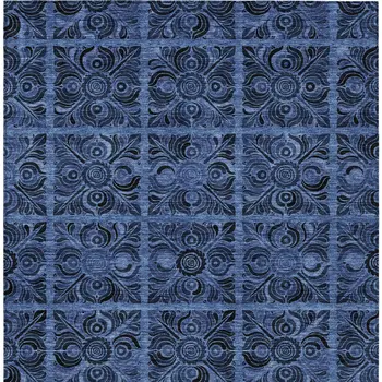3' X 5' Denim Blue And Charcoal Medallion Washable Indoor Outdoor Area Rug