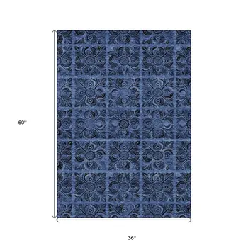 3' X 5' Denim Blue And Charcoal Medallion Washable Indoor Outdoor Area Rug