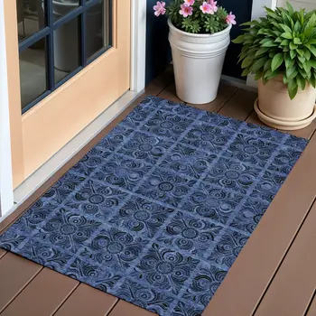 3' X 5' Denim Blue And Charcoal Medallion Washable Indoor Outdoor Area Rug