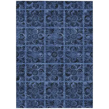 3' X 5' Denim Blue And Charcoal Medallion Washable Indoor Outdoor Area Rug
