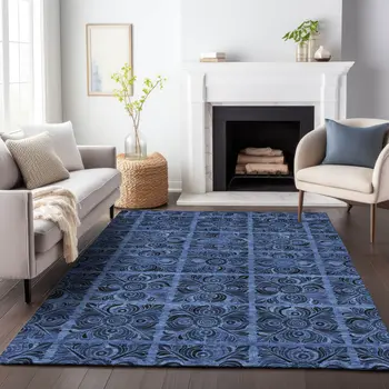 3' X 5' Denim Blue And Charcoal Medallion Washable Indoor Outdoor Area Rug