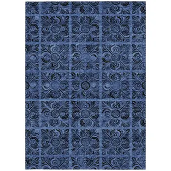 5' X 8' Denim Blue And Charcoal Medallion Washable Indoor Outdoor Area Rug