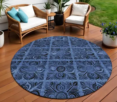 8' Denim Blue And Charcoal Round Medallion Washable Indoor Outdoor Area Rug