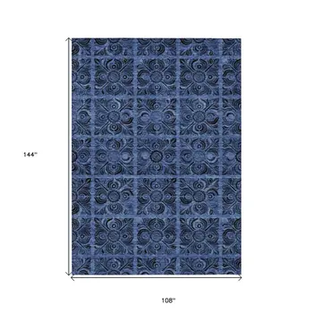 9' X 12' Denim Blue And Charcoal Medallion Washable Indoor Outdoor Area Rug