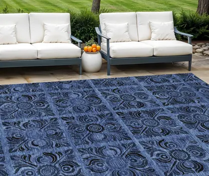 9' X 12' Denim Blue And Charcoal Medallion Washable Indoor Outdoor Area Rug