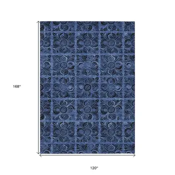 10' X 14' Denim Blue And Charcoal Medallion Washable Indoor Outdoor Area Rug