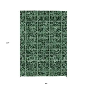 3' X 5' Fern Green And Charcoal Medallion Washable Indoor Outdoor Area Rug