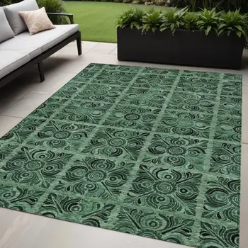 5' X 8' Fern Green And Charcoal Medallion Washable Indoor Outdoor Area Rug