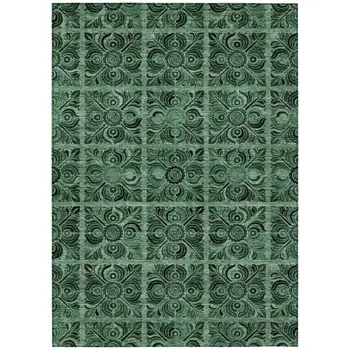 5' X 8' Fern Green And Charcoal Medallion Washable Indoor Outdoor Area Rug