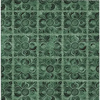 5' X 8' Fern Green And Charcoal Medallion Washable Indoor Outdoor Area Rug