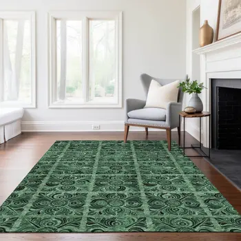 5' X 8' Fern Green And Charcoal Medallion Washable Indoor Outdoor Area Rug