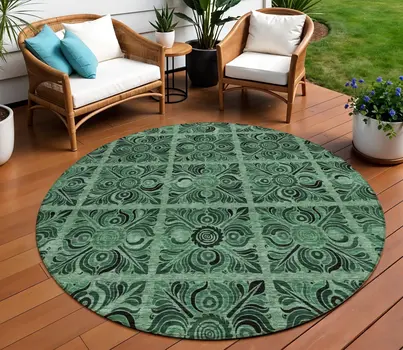 8' Fern Green And Charcoal Round Medallion Washable Indoor Outdoor Area Rug