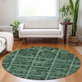 8' Fern Green And Charcoal Round Medallion Washable Indoor Outdoor Area Rug