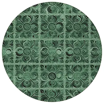 8' Fern Green And Charcoal Round Medallion Washable Indoor Outdoor Area Rug