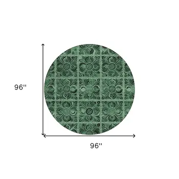 8' Fern Green And Charcoal Round Medallion Washable Indoor Outdoor Area Rug