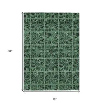 8' X 10' Fern Green And Charcoal Medallion Washable Indoor Outdoor Area Rug