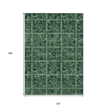 10' X 14' Fern Green And Charcoal Medallion Washable Indoor Outdoor Area Rug