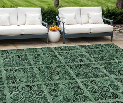 10' X 14' Fern Green And Charcoal Medallion Washable Indoor Outdoor Area Rug