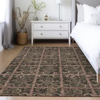 3' X 5' Orange Copper And Charcoal Medallion Washable Indoor Outdoor Area Rug