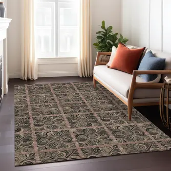 3' X 5' Orange Copper And Charcoal Medallion Washable Indoor Outdoor Area Rug
