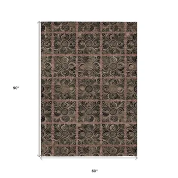 5' X 8' Orange Copper And Charcoal Medallion Washable Indoor Outdoor Area Rug