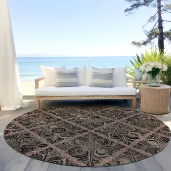 8' Orange Copper And Charcoal Round Medallion Washable Indoor Outdoor Area Rug