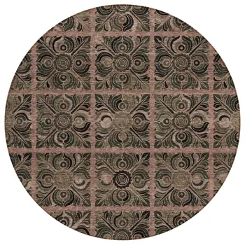 8' Orange Copper And Charcoal Round Medallion Washable Indoor Outdoor Area Rug