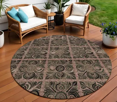 8' Orange Copper And Charcoal Round Medallion Washable Indoor Outdoor Area Rug