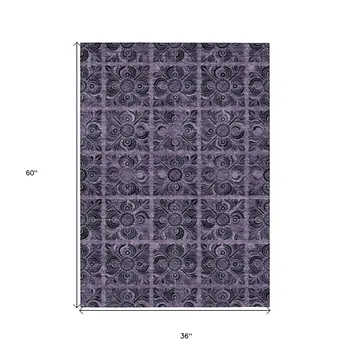 3' X 5' Purple Plum And Charcoal Medallion Washable Indoor Outdoor Area Rug