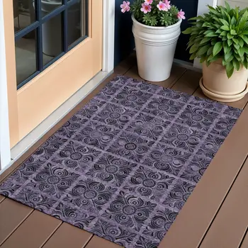 3' X 5' Purple Plum And Charcoal Medallion Washable Indoor Outdoor Area Rug