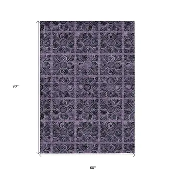 5' X 8' Purple Plum And Charcoal Medallion Washable Indoor Outdoor Area Rug